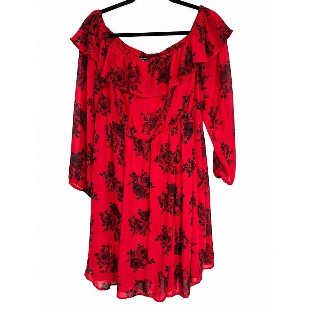 Torrid Plus 1X Red Black Floral Off Shoulder Chiffon Skater Mini Dress Goth Y2K